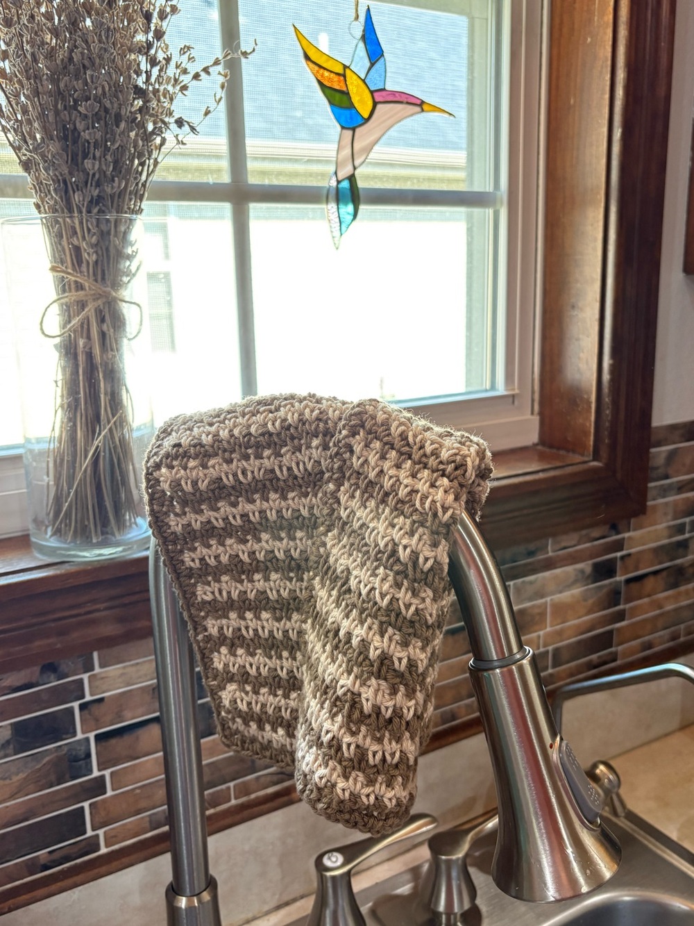Hand Crafted Crochet Beige & Cream Cotton Striped Kitchen Dish Cloth